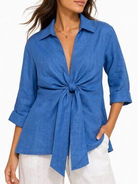 Dawn Bacchus 100% Linen Tie Front Jacket XL Blue Top Coastal Vacation Resortwear